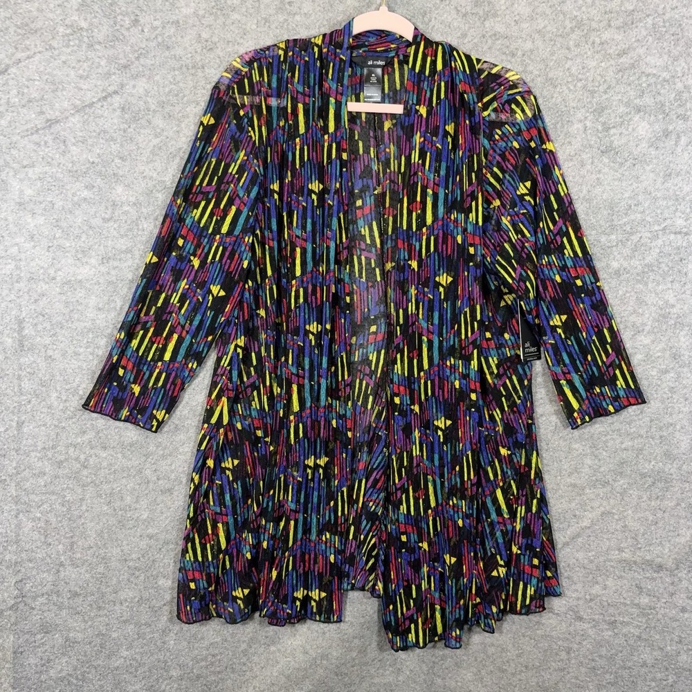 Ali Miles Cardigan Womens XL Black Multicolor Mesh Sheer Open Lightweight NWT